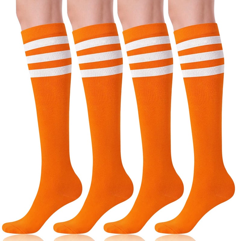 FITRELL 4 Pack Women's Knee High Socks Cotton Tube Stripe Socks, Orange+White, For Halloween Christmas Baseball Softball Soccer - Image 1